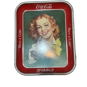 Vintage Coca Cola Metal Serving Tray Girl Having a Coke